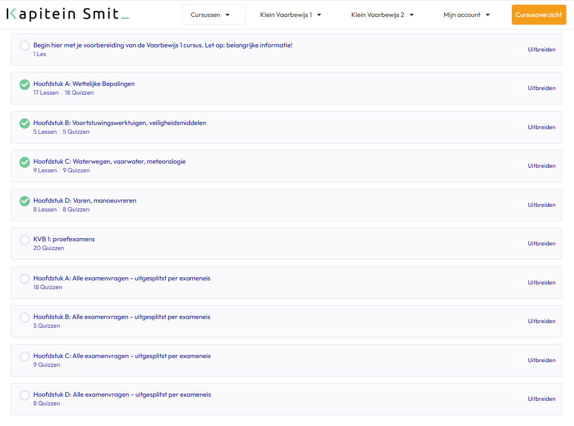 Hier vind je de inhoudsopgave van de KVB 1 cursus van www.kapiteinsmit.nl