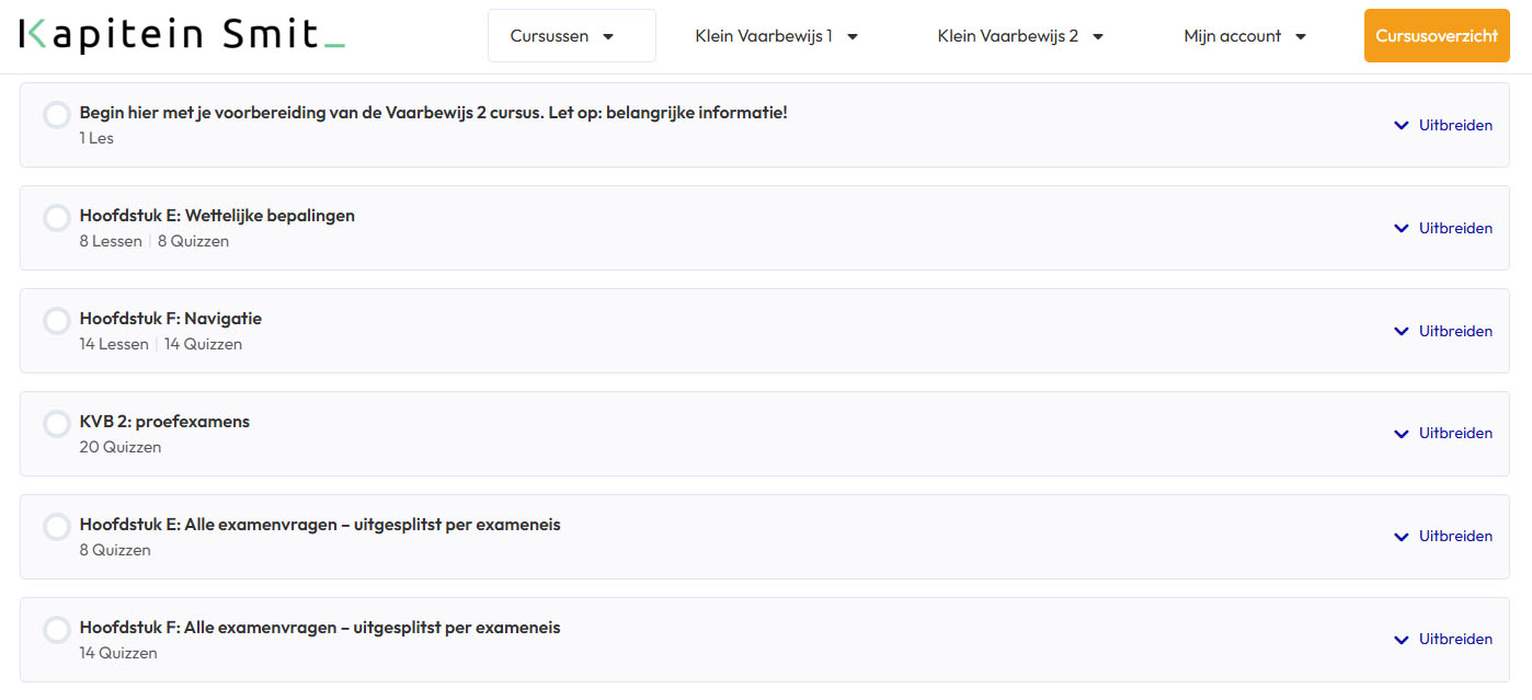 Hier vind je de inhoudsopgave van de KVB 2 cursus van www.kapiteinsmit.nl