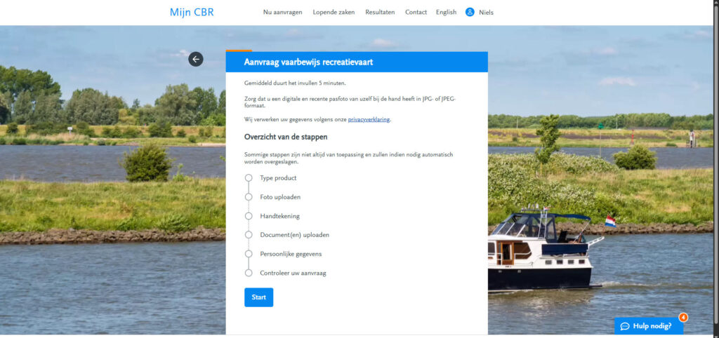Om het vaarbewijs aan te vragen doorloop je een aantal stappen in de CBR omgeving.